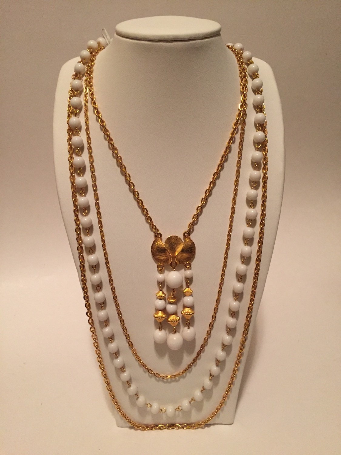 Vintage Tassel Necklace Beaded Multi Strand White