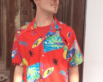 Vintage Red Tropical Pineapple Hawaiian Shirt