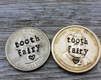 Tooth Fairy, hand stamped quarter, tooth lost gift, tooth fairy, lost tooth, tooth fairy coin, 1st tooth, dollar coin, gold dollar coin