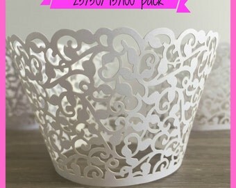 25/50/75/100 Wedding Cupcake Wrappers - Laser Cut - Lace Cupcake Wrappers - Filigree Cupcake Wrappers Engagement White Cupcake Wrappers