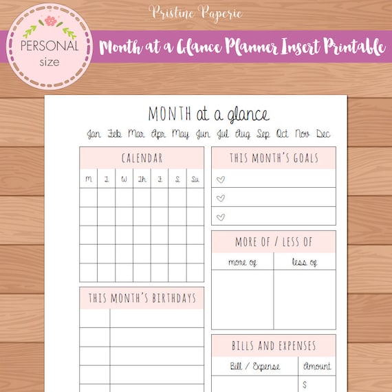 PERSONAL Month At A Glance Monthly Planner Insert Printable