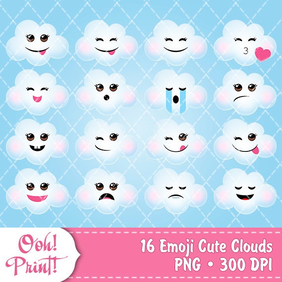 16 Emoji Clip Art Cute Digital collage Cloud Digital Clipart