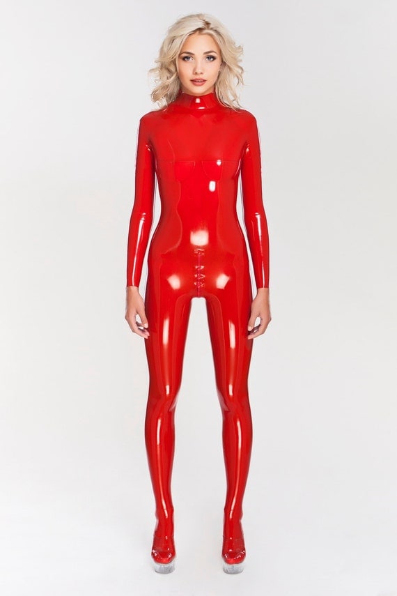 Latex catsuit with cups and closed feet