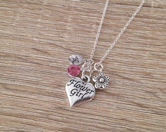 Heart Flower Girl Necklace, Personalised Wedding Gift, Flower Girl Jewelry, Letter Initial Charm, Crystal Birthstone Pendant, Antique Silver