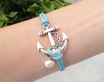 Anchor Bracelet, Nautical Jewelry, Blue Cord Bracelet, Ocean Jewelry, Beach Bracelet, BFF Jewelry, Friendship Gift, Antique Silver Charm