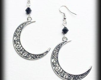Crescent Moon Earrings, Filigree Silver, Celestial Jewelry, Gothic Wiccan Jewelry, Alternative Earrings, Pagan Jewelry, Gothic Gift For Her