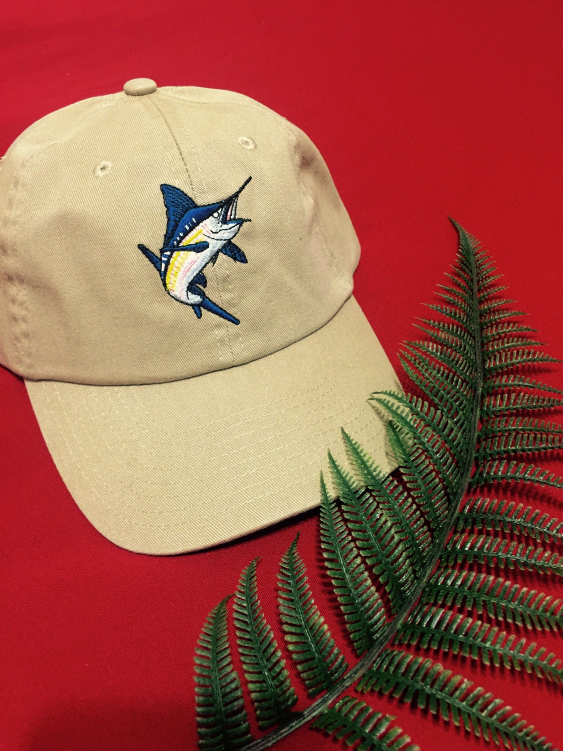 Embroidered Baseball Cap Hat Khaki Tan Brown Sand Swordfish