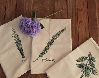 Set of 3 Dish Towels Screen Printed with Herbs