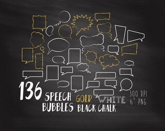 136 Chalk Bubbles Clipart, Chalk Talk Bubble Clipart, Chalkboard Speech Bubbles, Gold, White, Black, Commercial Use, Comics Speech Bubbles