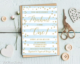 First Birthday Invitation, Boys First Birthday Invitation Blue and Gold, 1st Birthday Boys Striped Invitation, #F04