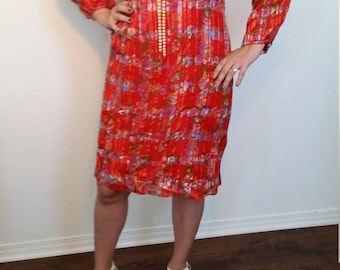 60s 70s Red Dress. Asian Inspired floral Dress. Turtle Neck dress. Rayon. Knee Length. Size Medium.