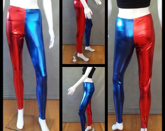 MADE TO ORDER Harley Quinn Suicide Squad Inspired Red and Blue Metallic Leggings