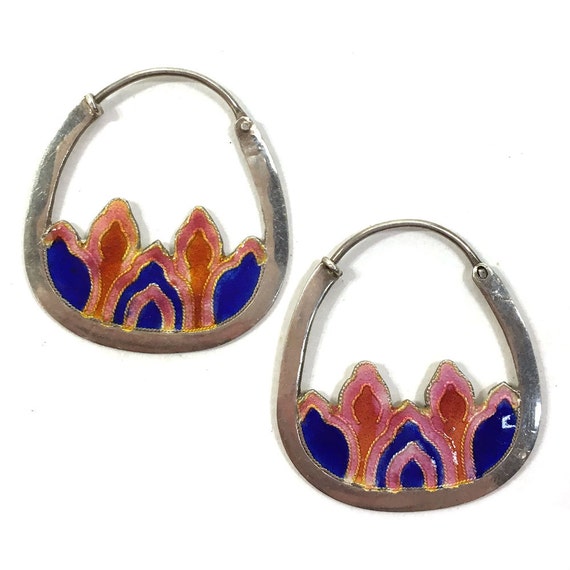 Vintage Early Laurel Burch Enamel Hoop Earrings / 1970s