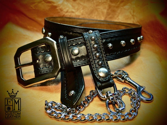 Black Leather Belt and Wallet chain Custom Made Hand Tooled vintage look handmade for YOU in New York City by Freddie Matara