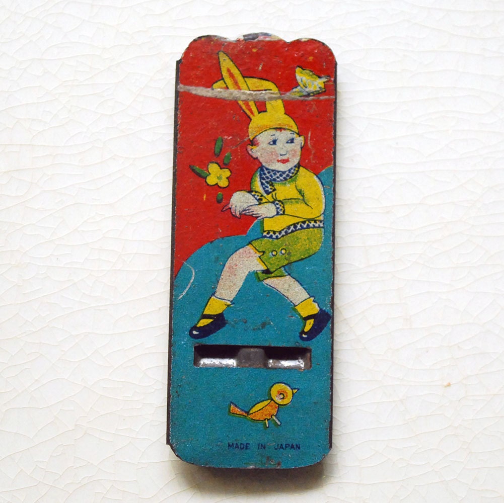 Vintage Tin Whistle Cracker Jack Prize Bunny Boy Toy 1930s