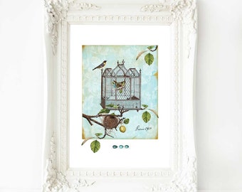 Vintage bird cage print with birds nest, French country, vintage home decor, A4 giclee