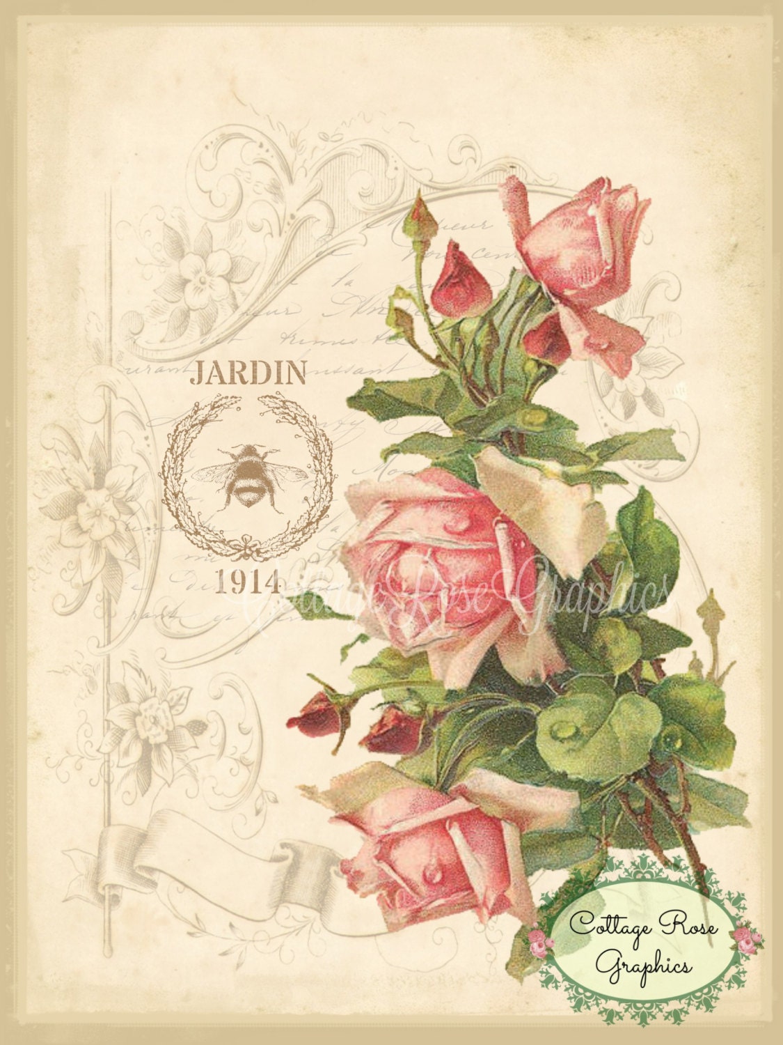 Pink Roses Vintage French Ephemera Script Jardin single image