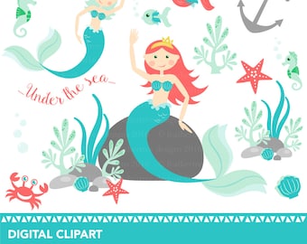 Mermaid - Seahorse - Under the Sea Clipart - 300 dpi - JPEG and PNG format - instant download - great for invitations, cards, scrapbooking