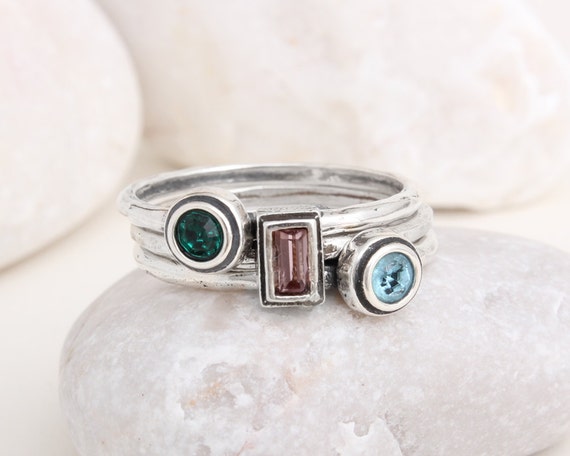 Mother's Three Birthstone Rings Stack Band Sterling Silver
