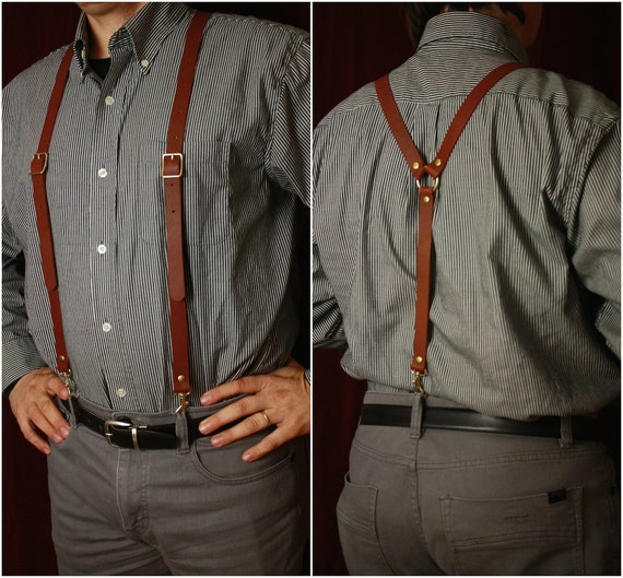 Leather Suspenders- men's brown black steampunk Y back- unisex Browncoat costume, Brown or Black Braces w/snap hooks from MyFunkyCamelot by MyFunkyCamelot steampunk buy now online