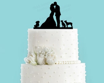 Custom Couple Kissing with Your Choice of Multiple Dogs or Cats Acrylic Wedding Cake Topper
