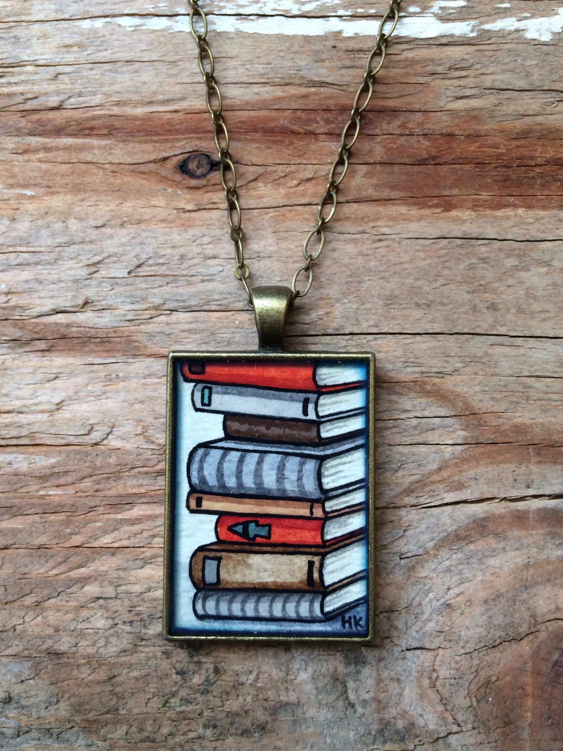 Old Book Necklace Hand Painted Stack of Books Necklace Large