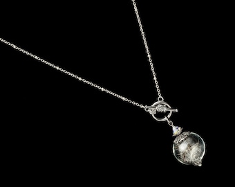 Dandelion Necklace, Wish Necklace with Real Dandelion Seeds in Glass Orb Pendant with Silver Filigree Crystal & Pearl Wedding Jewelry Gift