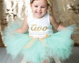 Mint and Gold Birthday Dress Tutu Outfit for Baby Girls, Toddler Girls, 2nd Birthday Dress, 2T, 18 Months, 3T