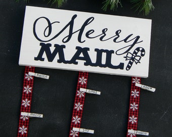 Christmas Card Holder Merry Mail Christmas Decor Christmas Cards Holder Holiday Decor Card Display Card Hanger Rustic Wood Plaid Holiday