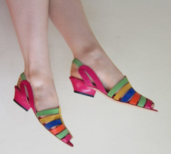 RESERVED Vintage 1980s Designer Sandals in Rainbow Leather