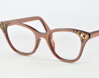 Vintage Cat Eye Glasses, Victory, Bronze with Gold and Rhinestones, 1950s, 1960s