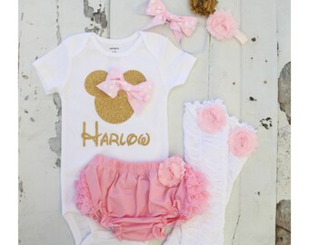 Newborn Baby Girl Coming Home Outfit, Minnie Mouse Personalized Set. Minnie Head & Name Bodysuit, Diaper Cover Leggings Disney Vacation