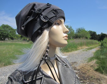 Post Apocalyptic Clothing Slouchy Beanie Hat Black /Charcoal Gray Cotton Distressed Leather Belts Acid Washed Skull Cap A1972