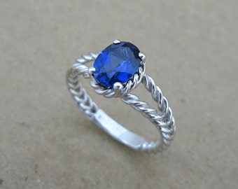 Sapphire Engagement Ring, Oval Sapphire Rope Engagement Ring, Oval Lab Sapphire Ring, White Gold Twisted Rope Engagement Ring With Sapphire
