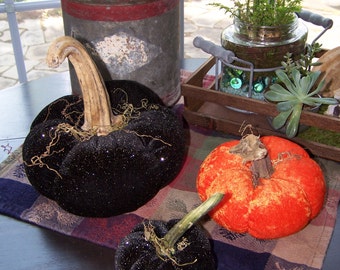 Primitive Halloween Pumpkins SET of 3; Black and Orange or Purple and Orange Velvet Pumpkins from Darlas Closet