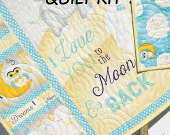 Quilt Kit I Love You to the Moon and Back Panel Gender Neutral Boy or Girl Quick Elephant Sheep Stars Blue Yellow Baby Blanket Project DIY