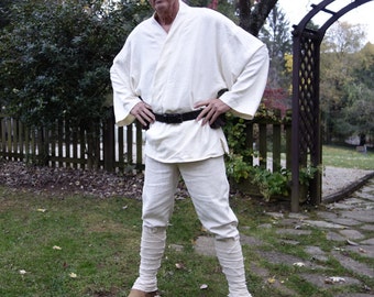 Luke Skywalker costume tunic, pants, leather belt with ammo pouches, shoes with leg wraps, adult Star Wars LARP men's size 38-42