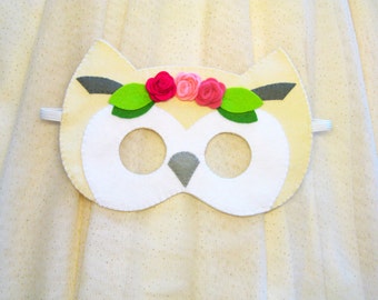 White owl mask for girl felt roses blossom handmade Dress up play accessory childrens adult party favor Theatre roleplay - gift for girl