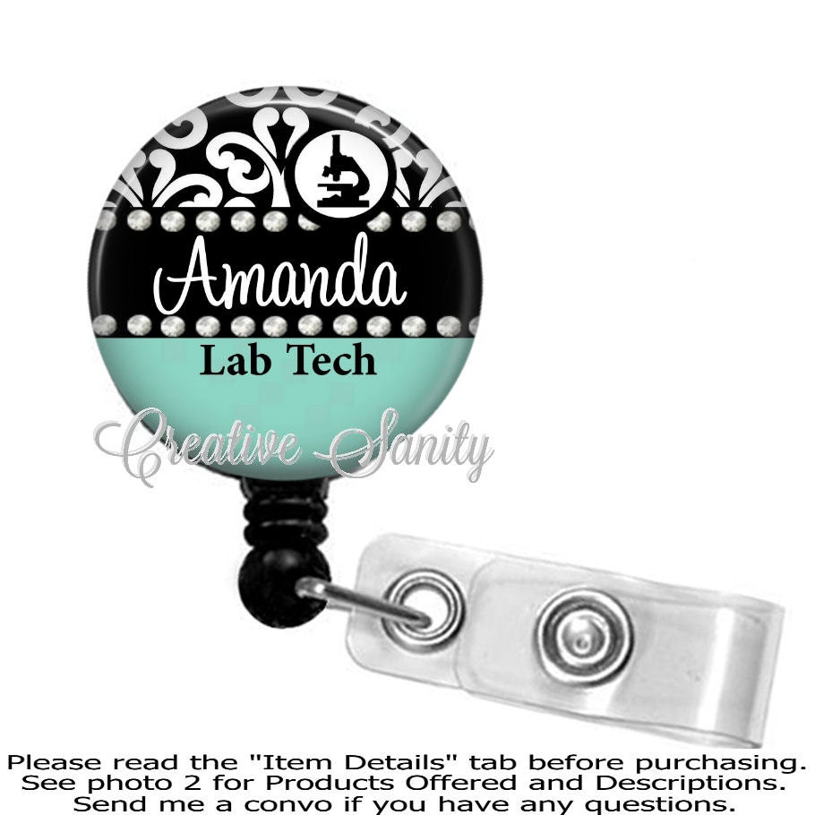 Retractable Badge Holder Personalized Lab Tech Damask Choice