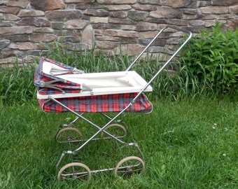 Vintage Baby Doll Buggy 1960s Baby Doll Carriage Red Plaid Child's Toy Baby Carriage