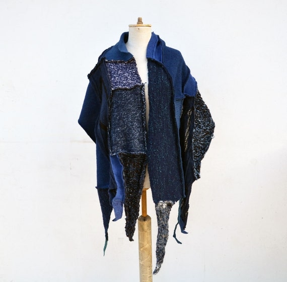 Indigo Hand knited shawl denim blue patchwork by ZOJKAshop on Etsy