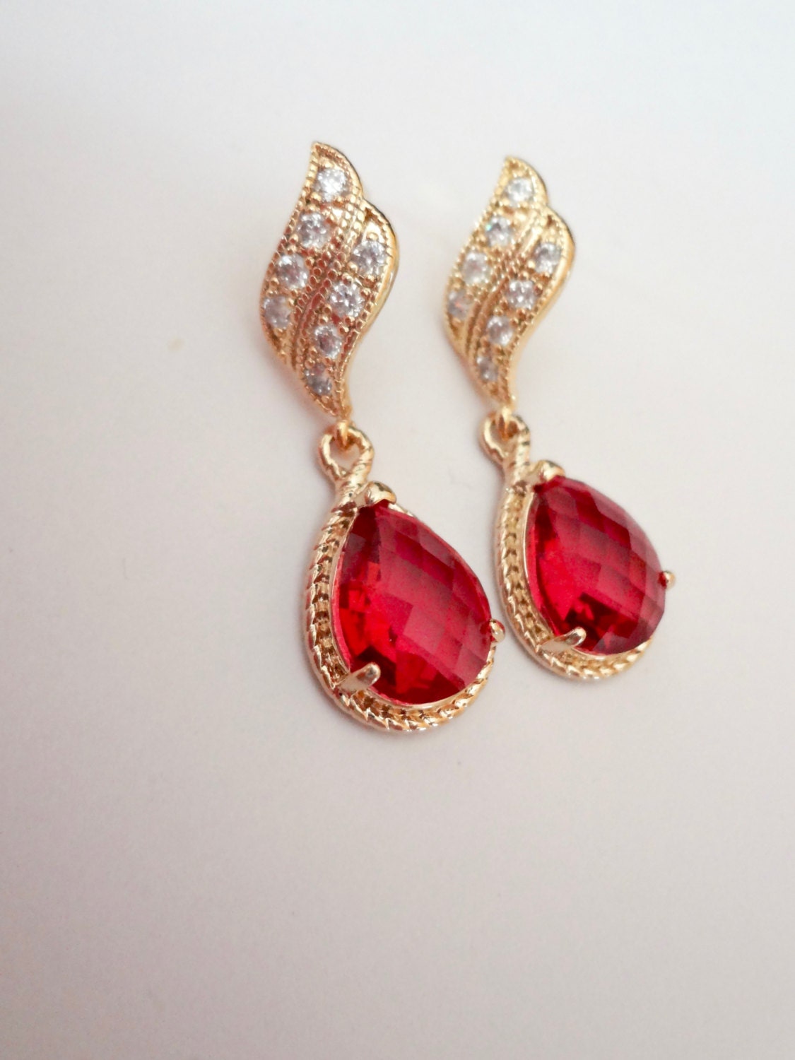 Gold Earrings Red Teardrops Bridal Jewelry Bridesmaids 