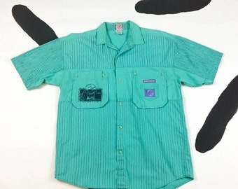 80s Gitano Turquoise Striped Button Down Shirt / Beach / Surf / Skater / Pockets / Patches / Rising High / Size Small / Mens / Zack Morris