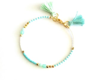 Mint White Blue Beaded Bracelet With Tassel, Tassel Bracelet, Thin Bracelet, Beaded Friendship Bracelet, Thin Beaded Bracelet, Gift For Her
