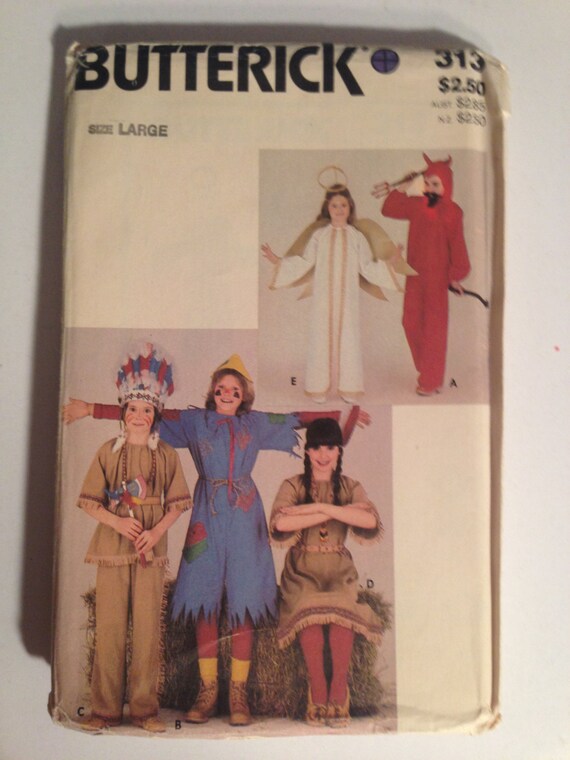 Butterick 313 Sewing Pattern UNCUT 80s Childrens Costume Angel, Devil, Indian and Scare Crow Size 12-14
