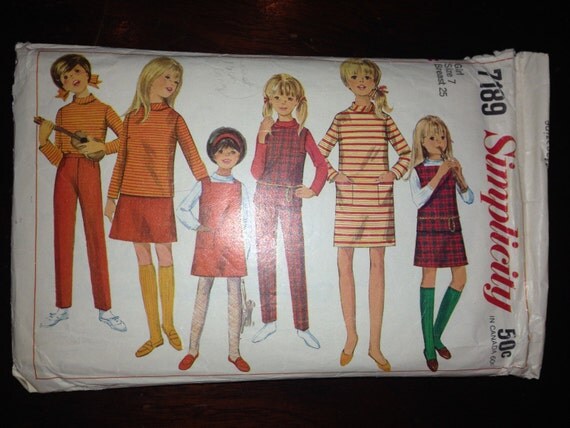 Simplicity Sewing Pattern 7189 Girls Wardrobe: Dress, Blouse, Top, Jumper, Skirt and Pants Vintage 60s Size 7
