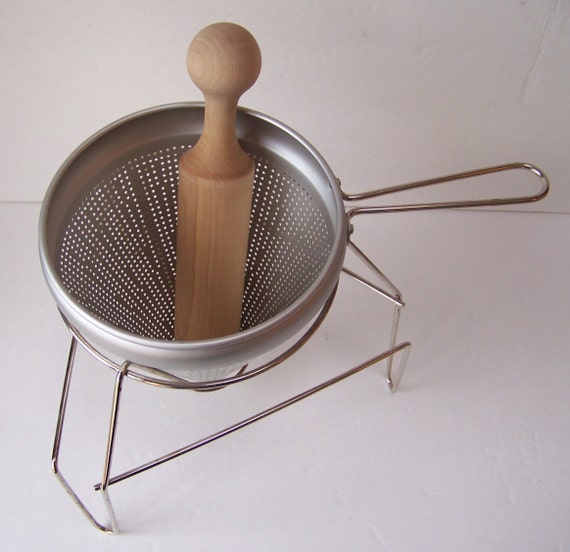 Vintage Aluminum Sieve with Wooden Pestle and Metal