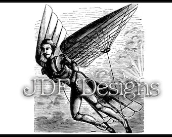 Instant Digital Download, Vintage Victorian Era Graphic, Man in Flight with Mechanical Wings, Steampunk, Antique Printable Image, Scrapbook