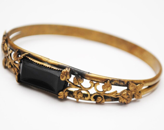 Brass Floral Bangle -Jet Black Glass - gold brass floral filigree - Art Deco - Bracelet -Art Nouveau