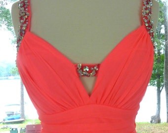 Grecian Style Dress - Size 1 Prom Dress Neon Coral Rhineston Straps Ruched V-Neck Bodice - Never Worn